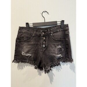 Raw Hem Shorts Women Medium Black Distressed Stretch Travel Grunge Punk Goth